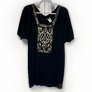 Nanette Lepore Women's Tunic Sweater Top Beaded Silk Linen Metallic Y2K Boho Art